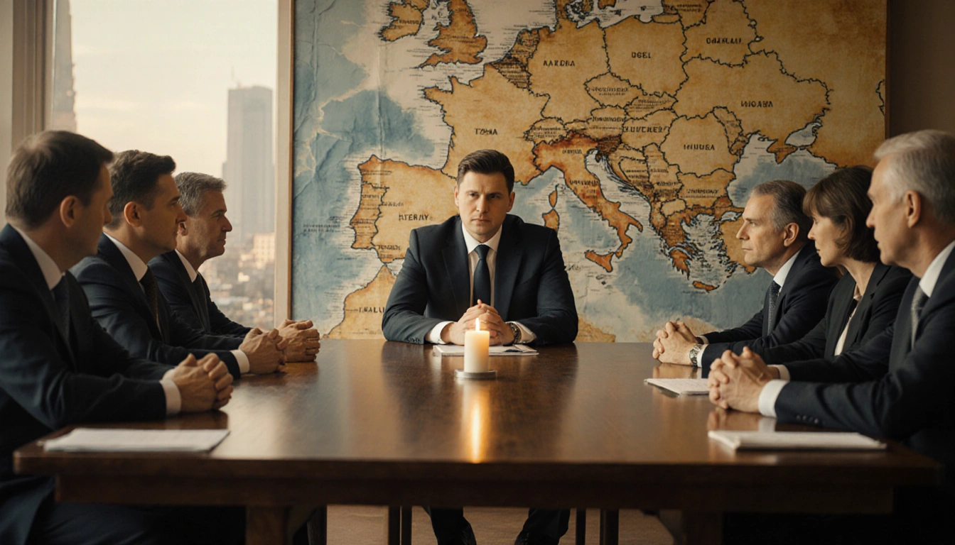Representatives seated around table engaging in serious discussion with clasped hands with a flickering candle and faded Euro