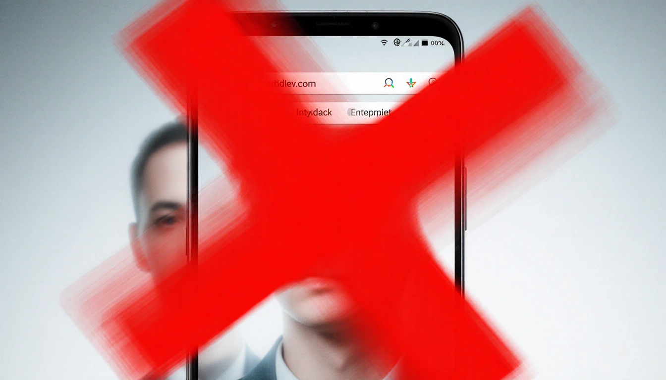 Red X marks mobile screen with blurred search bar and faint face in background over digital gradient symbolizing internet ban