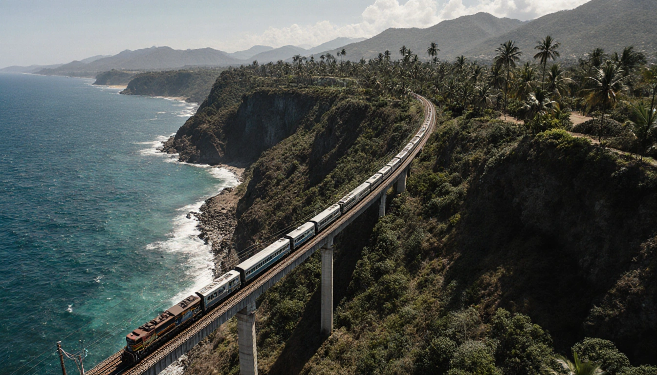 Interoceanic Train stretches along Pacific coast with Salina Cruz shoreline and greenery Coatzacoalcos Gulf in background
