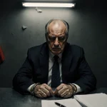 Middle‑aged man shackled to table looking at papers with Mexican flag in interrogation room