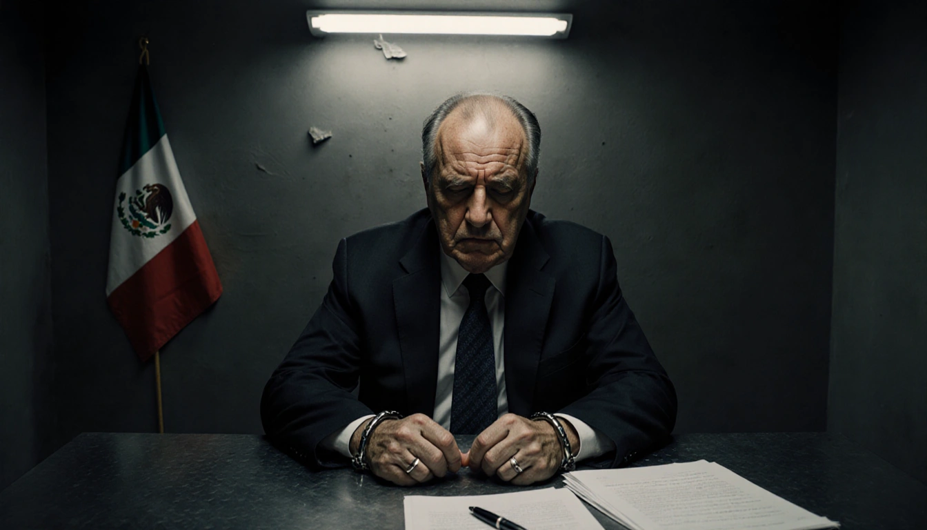 Middle‑aged man shackled to table looking at papers with Mexican flag in interrogation room