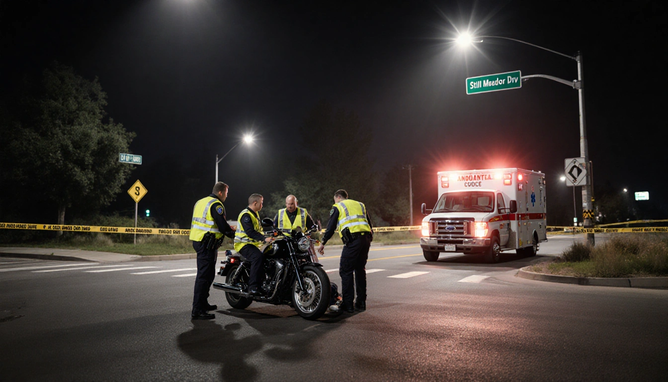 Emergency personnel kneeling beside a motorcycle with caution tape and bright overhead lights.