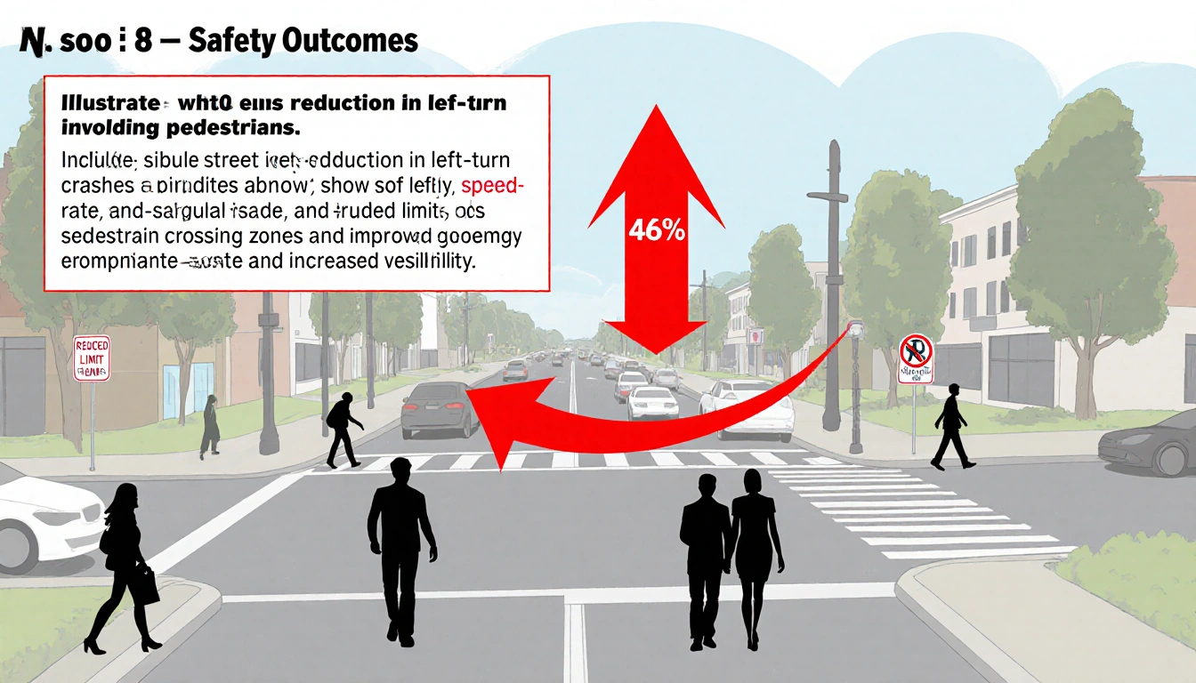 Pedestrians walking across intersection with red arrow showing 46% crash reduction and clear crossing signs