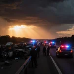 Police cars block southbound I‑35 at dusk with overturned vehicles and a stormy orange sky