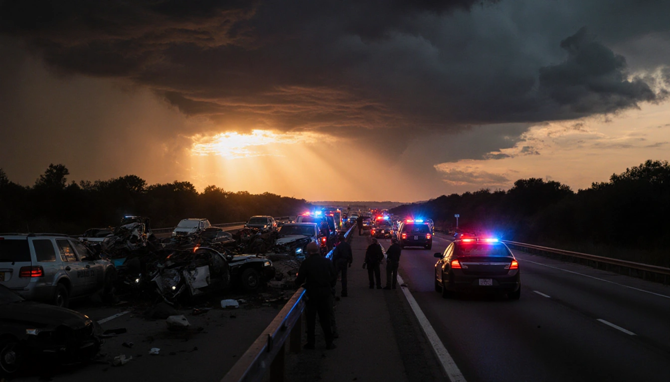 Police cars block southbound I‑35 at dusk with overturned vehicles and a stormy orange sky