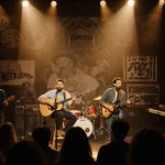Nathaniel Rateliff and Lamont Landers singing on stage with golden lights and a small crowd in a warm concert setting