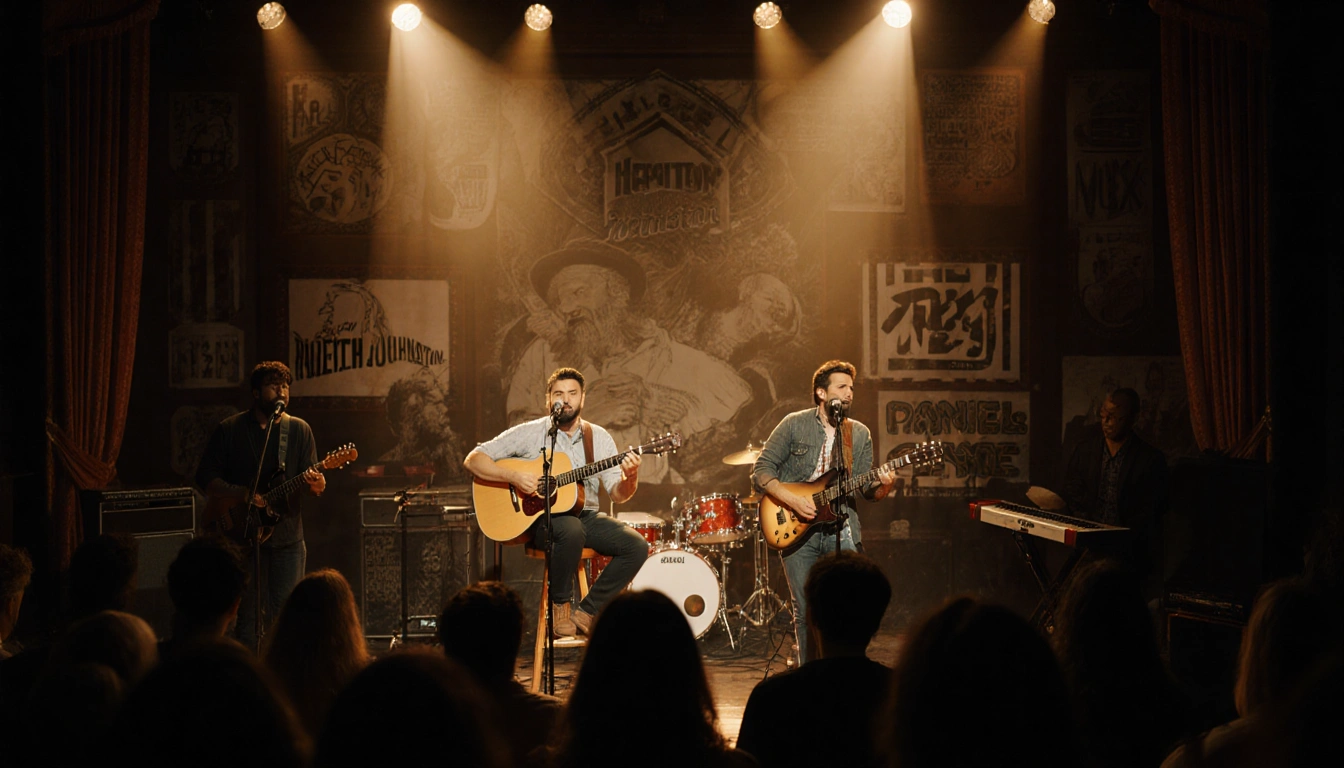 Nathaniel Rateliff and Lamont Landers singing on stage with golden lights and a small crowd in a warm concert setting