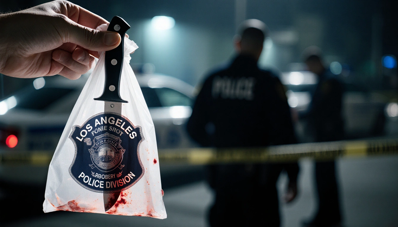 Investigator hand holding evidence bag with bloody knife handle and LA Police badge as detectives in background examine scene