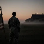 Silhouetted soldiers stand back‑to‑back in a moonlit Iowa field with a frayed flag and a distant abandoned farmhouse.
