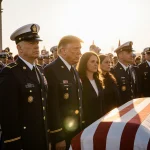 President Trump standing beside a coffin draped in the American flag with bright sunlight on Dover Air Force Base gates