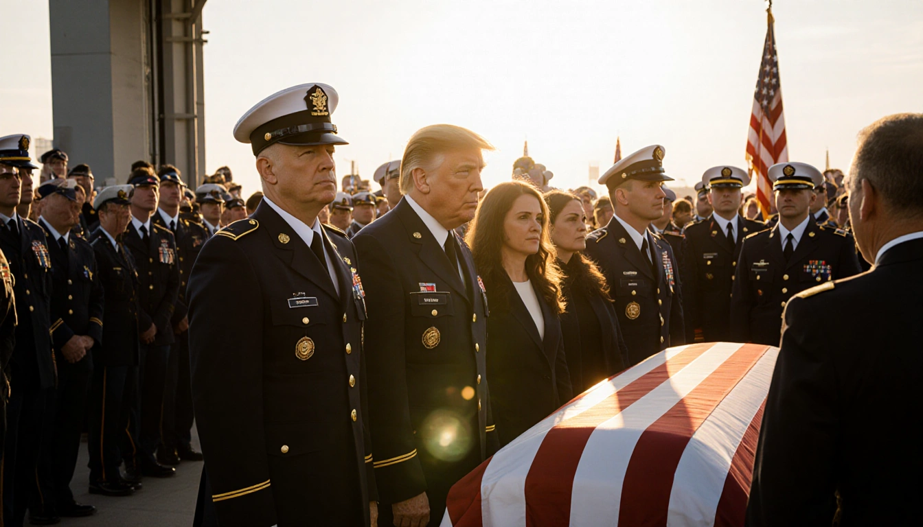 President Trump standing beside a coffin draped in the American flag with bright sunlight on Dover Air Force Base gates