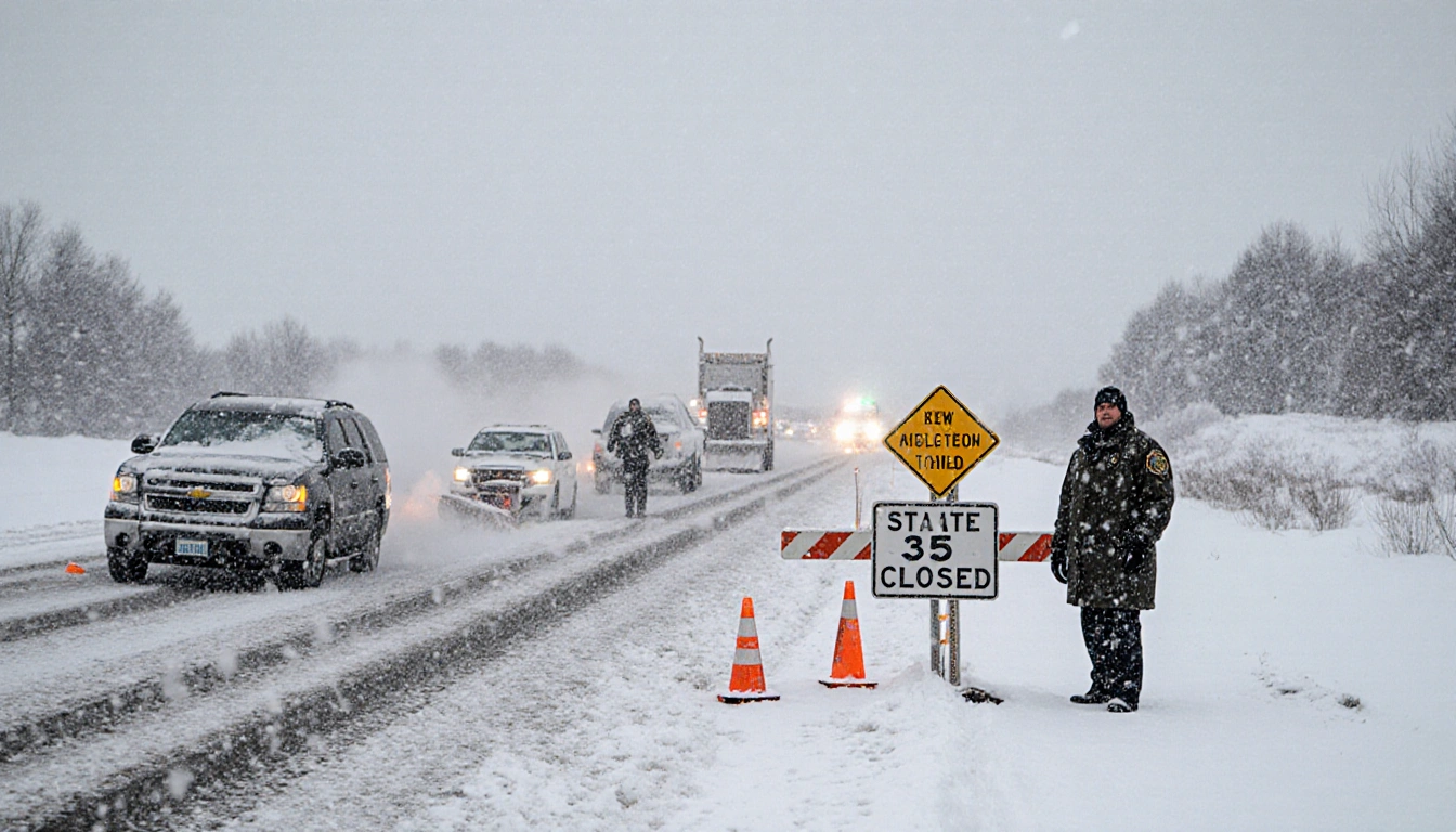 State trooper standing beside snowplow with cones blocking a snow-covered highway.