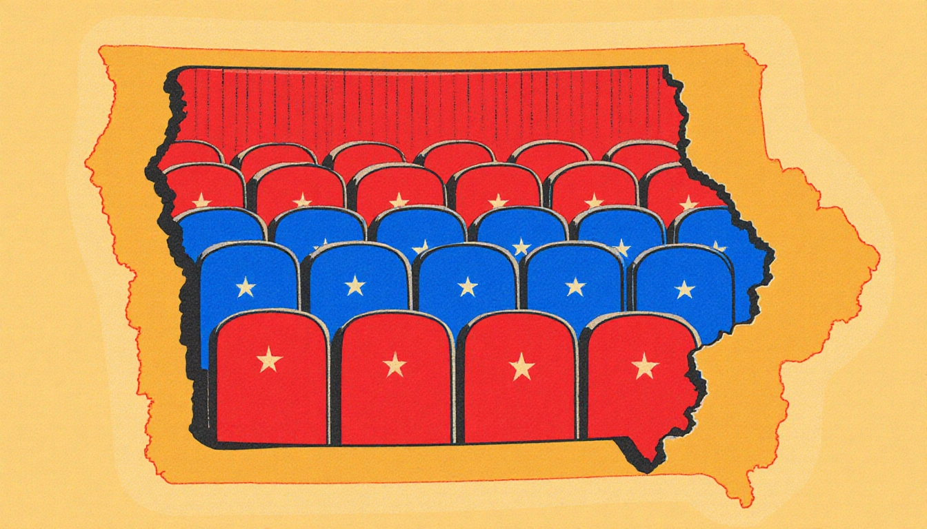 Illustration shows Iowa State Senate seats with 33 red Republican seats and 16 blue Democrat seats and faint chamber outline.
