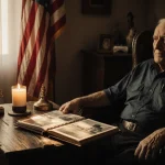 Elderly veteran gazes into distance with candlelight and photo album beside him and flag in background