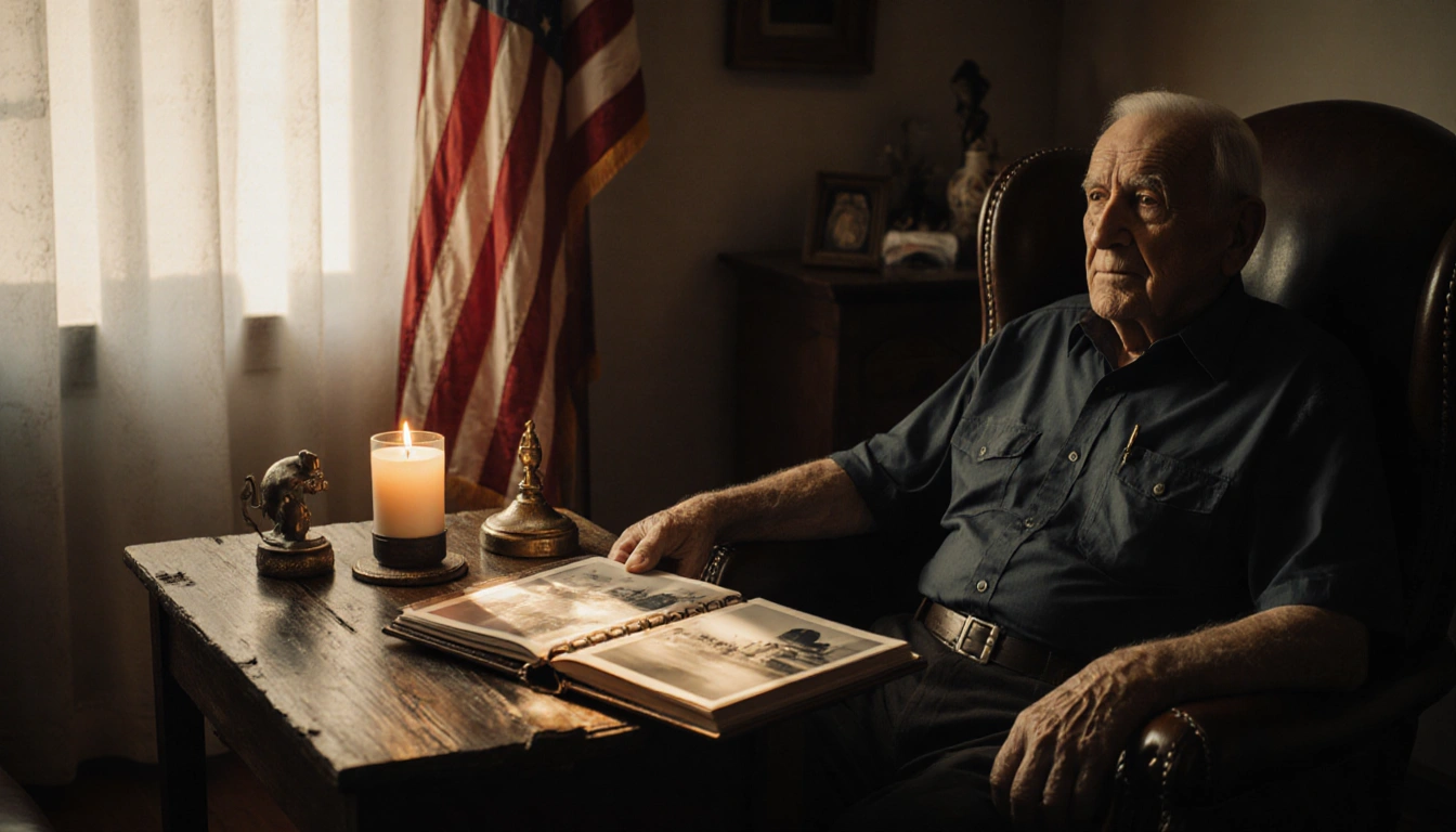 Elderly veteran gazes into distance with candlelight and photo album beside him and flag in background