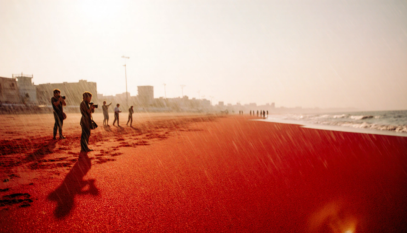 Tourists react with awe at red beach with rain glistening sand and sea reflections