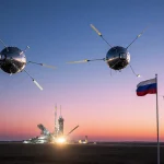 Satellites orbit Earth at sunset with Vostochny launchpad below and Russian and Iranian flags waving.