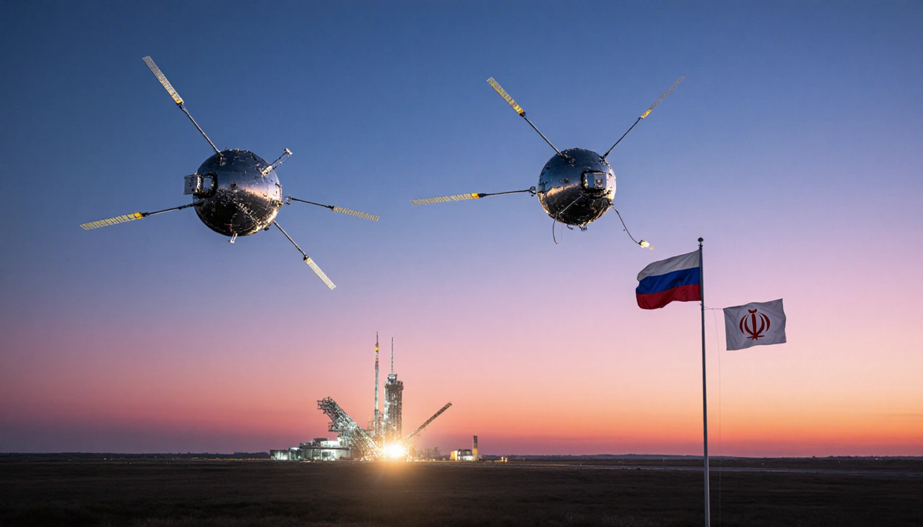 Satellites orbit Earth at sunset with Vostochny launchpad below and Russian and Iranian flags waving.