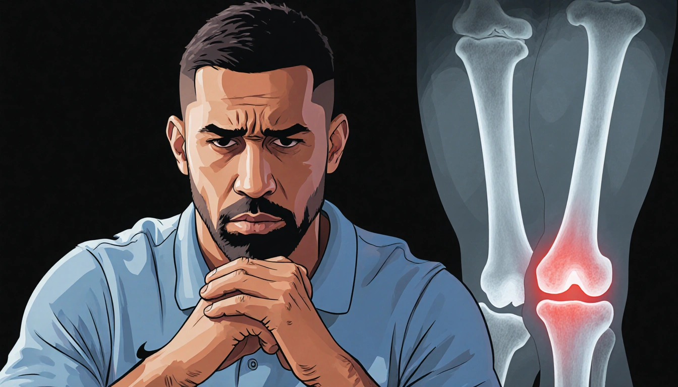 Coach Andoni Iraola assessing Tyler Adams' MCL injury with serious expression and hands clasped beside a subtle X-ray