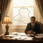 Suited figure sits at ornate desk with Iraqi flag glowing under lamp and election ballots hopeful eyes looking out the window