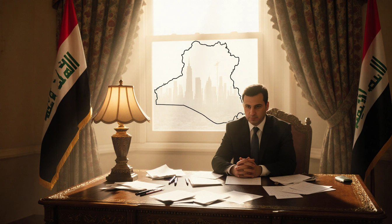 Suited figure sits at ornate desk with Iraqi flag glowing under lamp and election ballots hopeful eyes looking out the window