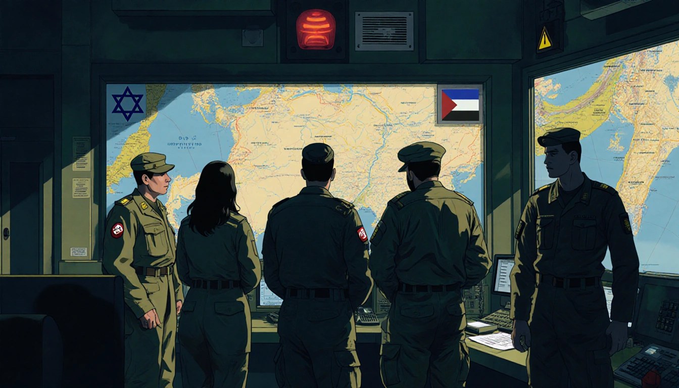 Israeli soldiers monitoring maps and radios in a command center with urgent lighting and warning alarms