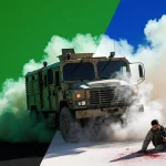 Israeli vehicle speeding away from Gaza with smoke billowing behind it and a injured soldier lying against green blue white