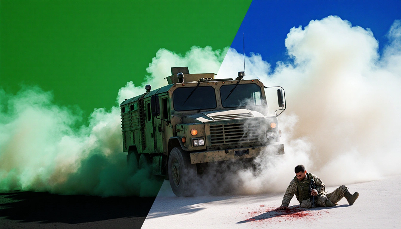 Israeli vehicle speeding away from Gaza with smoke billowing behind it and a injured soldier lying against green blue white