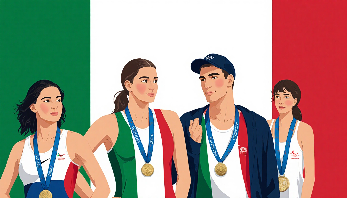 Four Italian athletes stand proudly together with the Italian tricolor Olympic flag backdrop and medals at their waists.