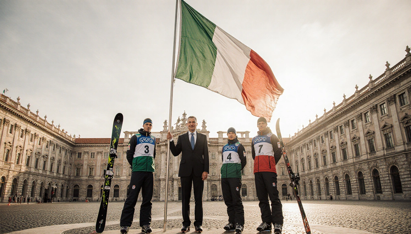 Four Italian athletes stand proudly with the Italian flag held high and the presidential palace backdrop with skis and snowbo