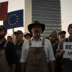 Italian farmers protest outside EU headquarters at sunset with signs and determined faces.