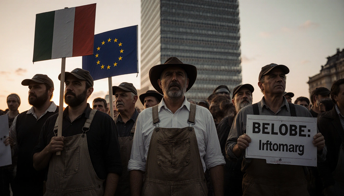 Italian farmers protest outside EU headquarters at sunset with signs and determined faces.