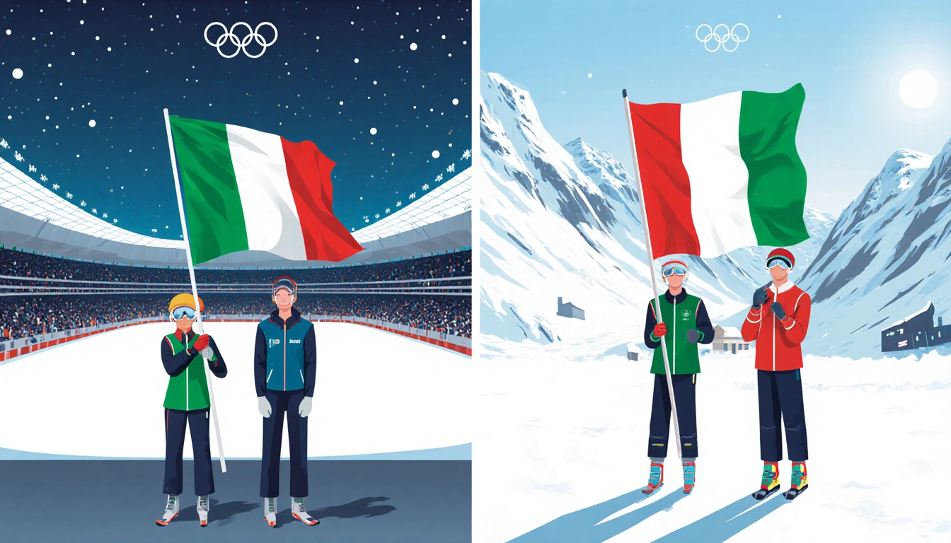 Four Italian athletes raise flags with tricolor colors in Milan stadium and Cortina snow backdrop with winter sports gear.