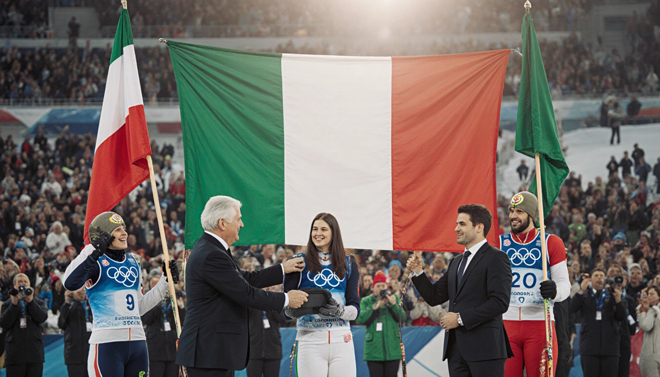 President Sergio Mattarella presenting flags to athletes with Italian Olympic flag behind and cheering crowd