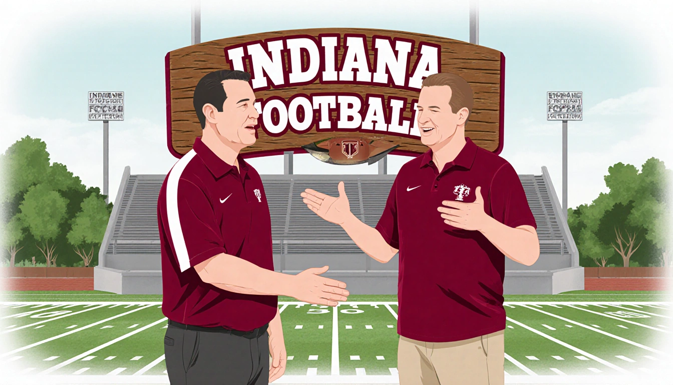 Coach Haines gesturing enthusiastically to Coach Cignetti with a wooden college football sign and stadium background