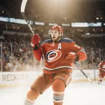 Jaccob Slavin bursts above the ice with his stick raised in a heroic stance and the arena lights shining on him.