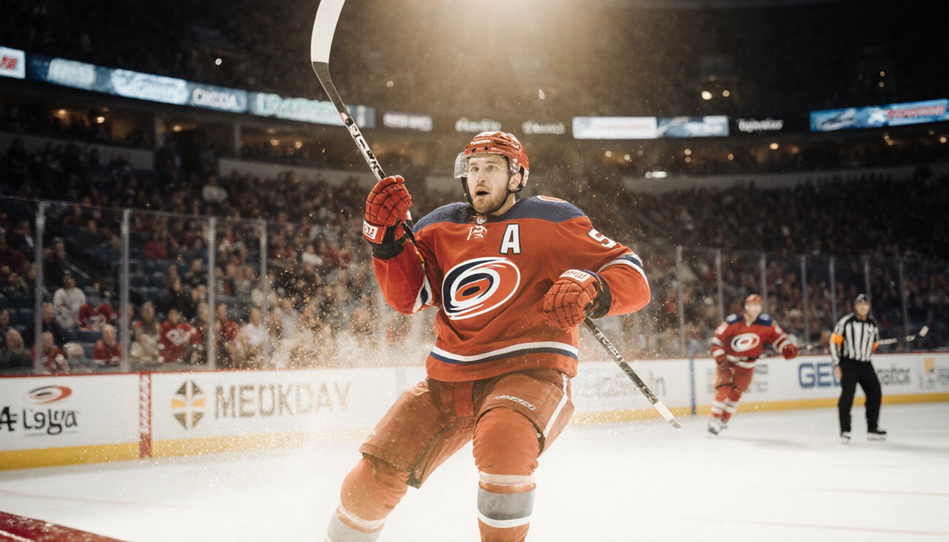 Jaccob Slavin bursts above the ice with his stick raised in a heroic stance and the arena lights shining on him.