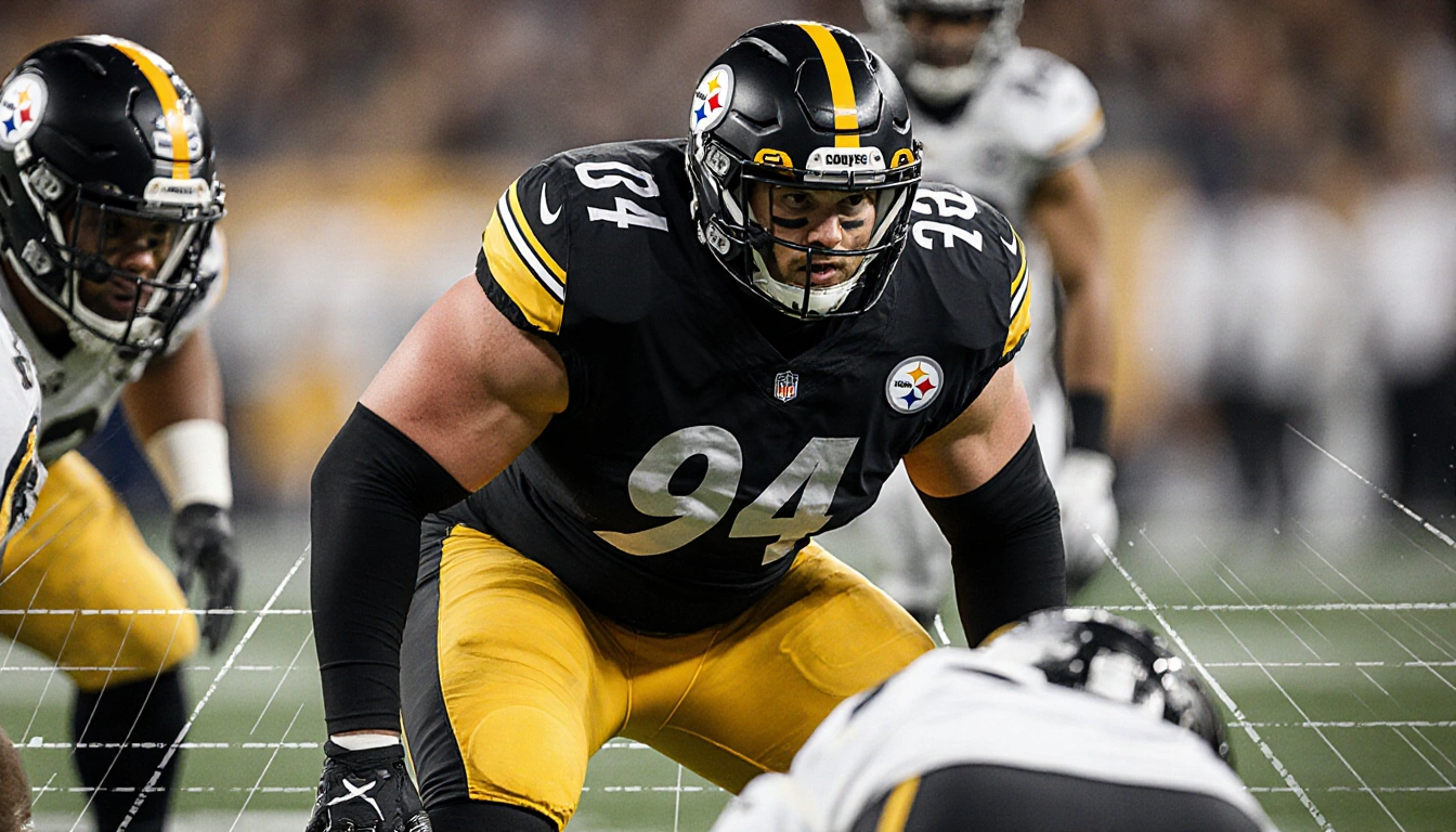 Jack Sawyer stands on defensive edge with Steelers jersey gripping formation while grid lines show scheme behind blurred Watt