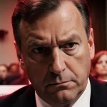 Jack Smith staring with intense gaze with dim red glow and blurred congressional hearing room in background