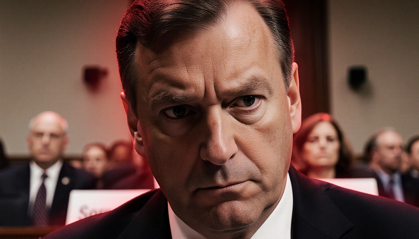 Jack Smith staring with intense gaze with dim red glow and blurred congressional hearing room in background
