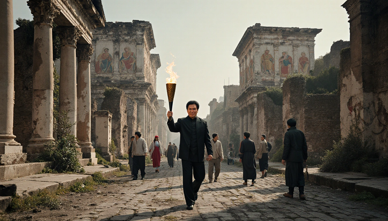 Jackie Chan walking through Pompeii streets with Olympic torch casting warm glow on ash-covered ruins.
