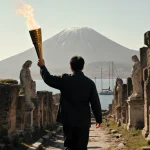 Jackie Chan walking through Pompeii ruins with Olympic torch blazing and Mount Vesuvius misty behind
