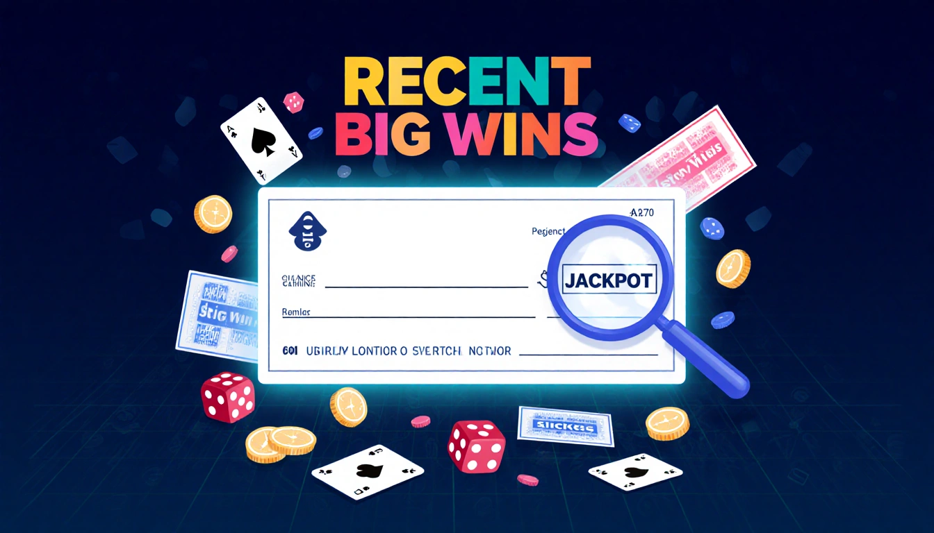 Illuminated jackpot check with hovering magnifying glass and text Recent Big Wins near scattered cards dice tickets blue grid