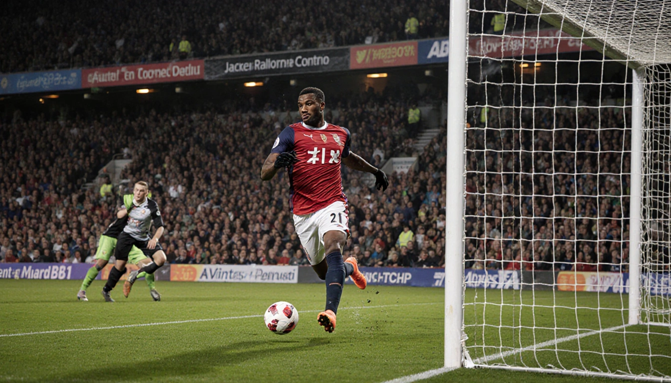 Jackson shoots a football into the net while celebrating with Jakobs crossing behind him and the goalkeeper ready.