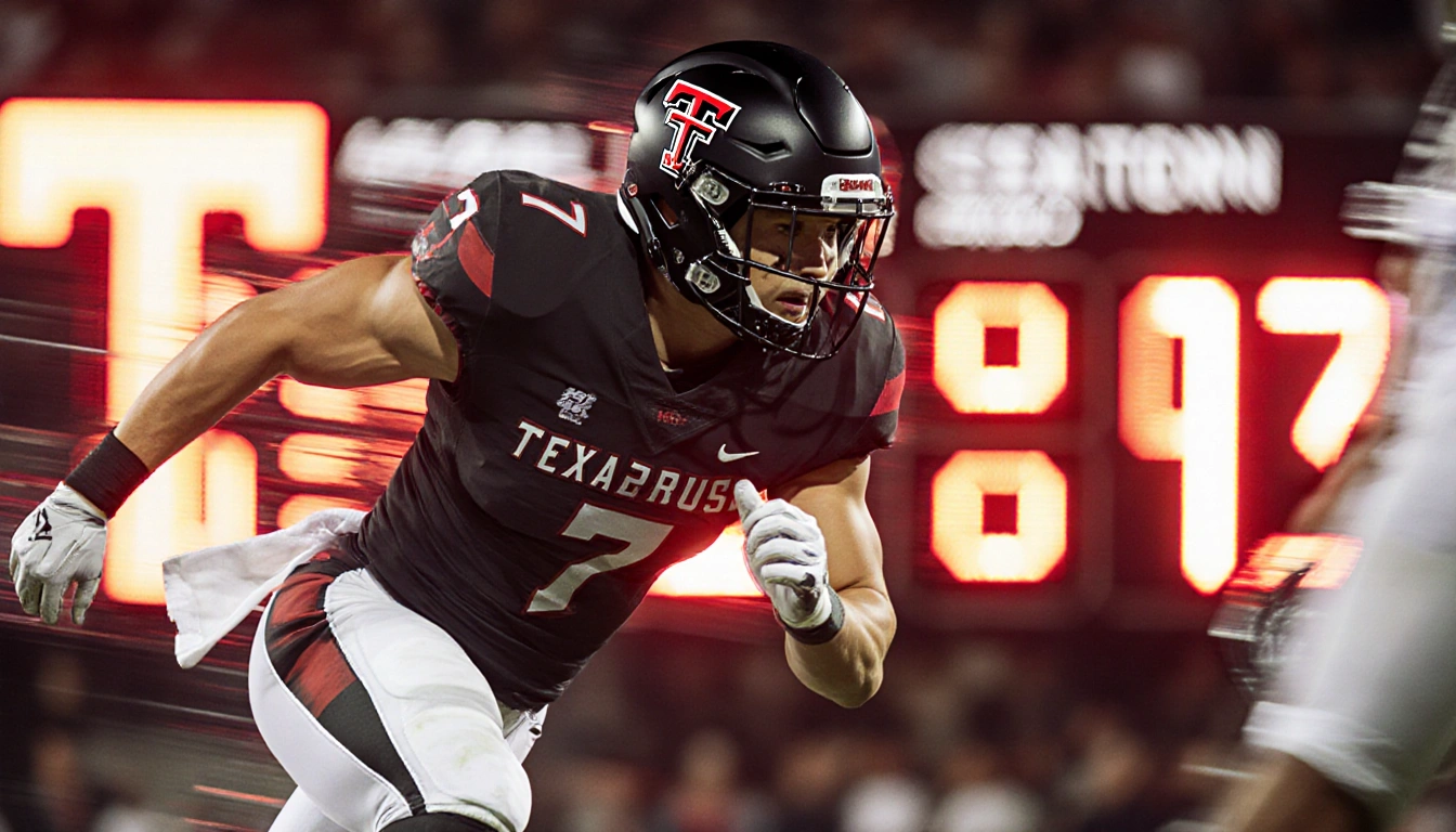 Jacob Rodriguez Texas Tech linebacker tackles opponent with fierce momentum and blurred motion trails near neon scoreboard