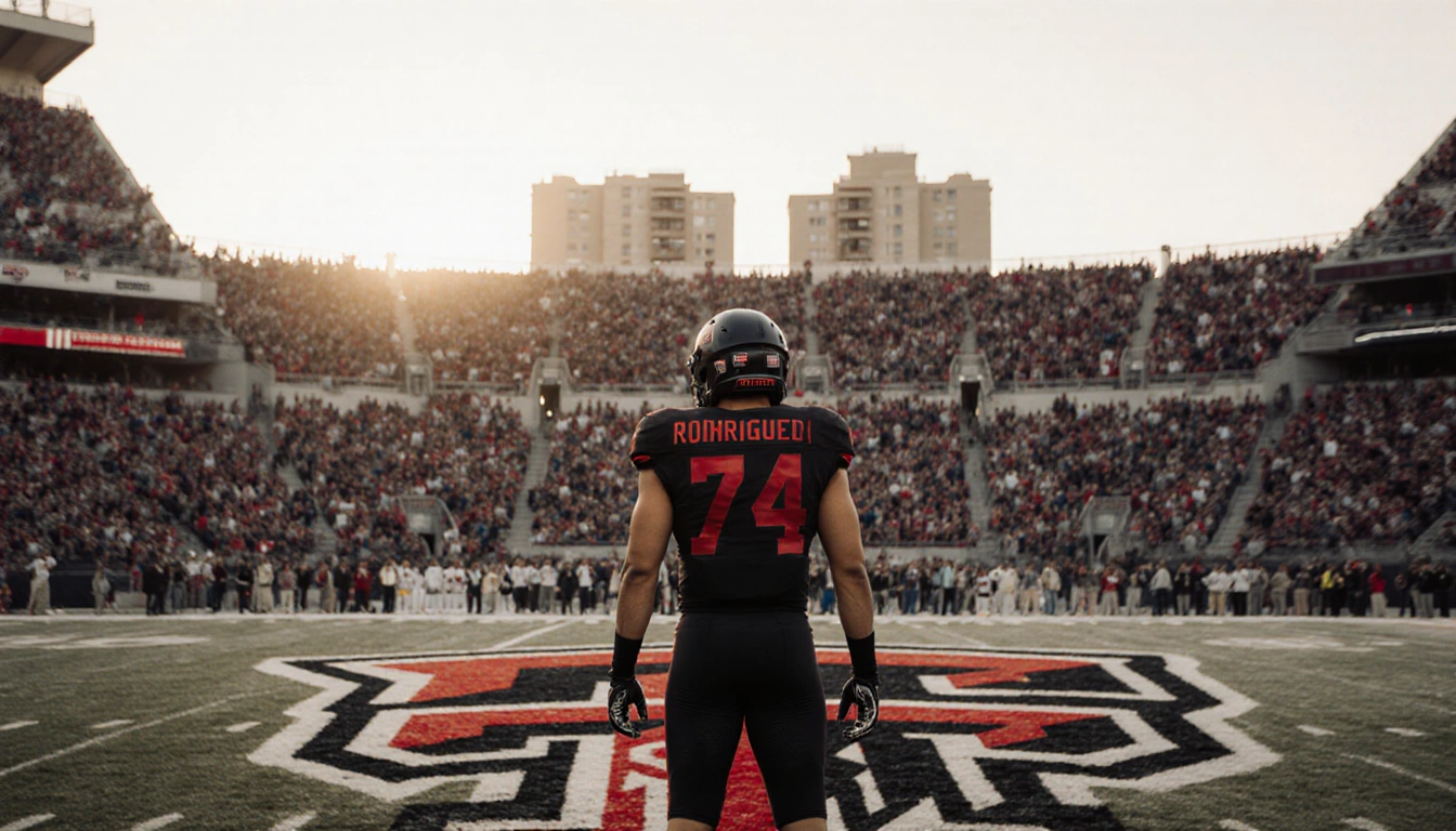 Jacob Rodriguez the linebacker standing proudly with golden light illuminating packed Red Raider Stadium and a winter morning