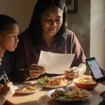 Jade Grant holding grocery list and phone with paused SNAP notification as her children watch gluten‑free foods on table