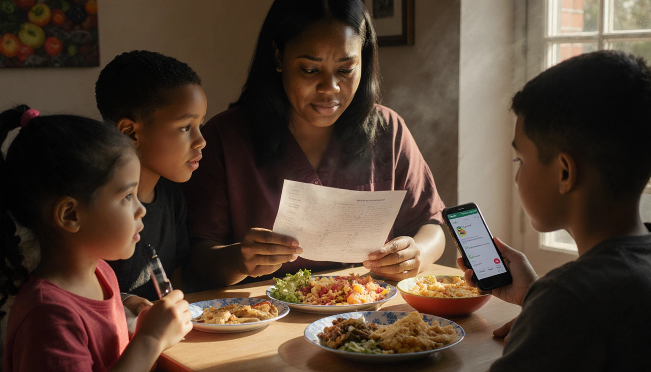 Jade Grant holding grocery list and phone with paused SNAP notification as her children watch gluten‑free foods on table