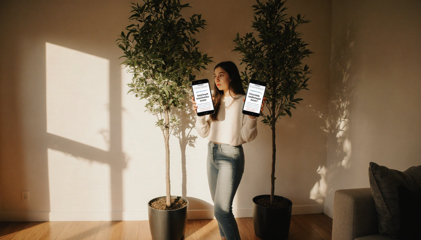 Puzzled roommate Jade holds two phone screens with refund offer while two 9-foot trees loom in a small hardwood room