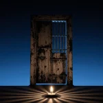 A flickering candle casts shadows on the floor, while a wooden jailhouse door ajar with iron bars lets a sliver of light in.